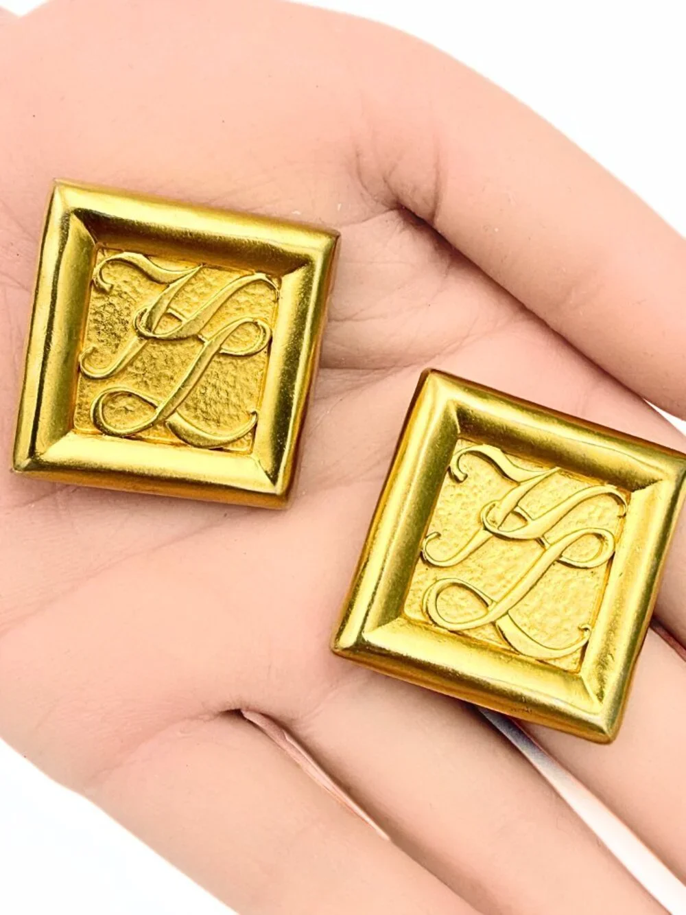 Karl Lagerfeld Runway Couture Textured Square Gold Plated Monogram Clip Earrings